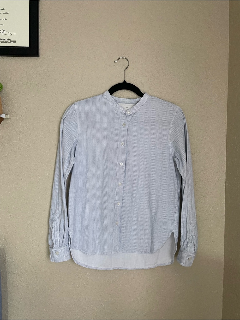 Muji Stand Alone Collar Button Front Long Sleeve Size XS Cotton Micro Stripe